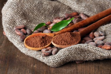 kaşık ve ahşap zemin üzerine kakao çekirdeği toz kakao