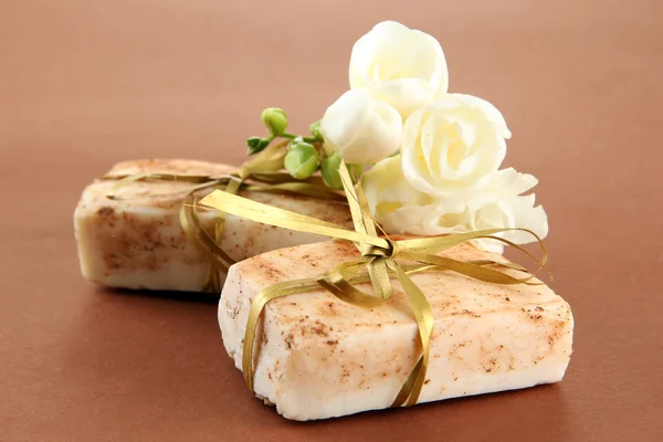 Natural handmade soap, on brown background — Stock Photo, Image