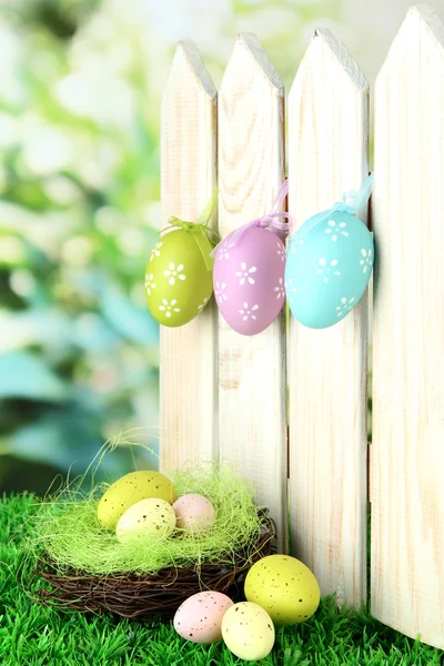 Arte Fondo de Pascua con huevos colgando de la cerca —  Fotos de Stock