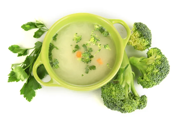 Diet soup with vegetables in pan isolated on white — Stock Photo, Image