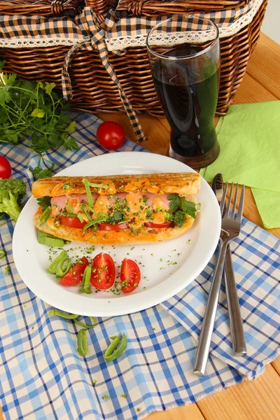 Вкусный хот-дог на тарелке на пикнике крупным планом — стоковое фото