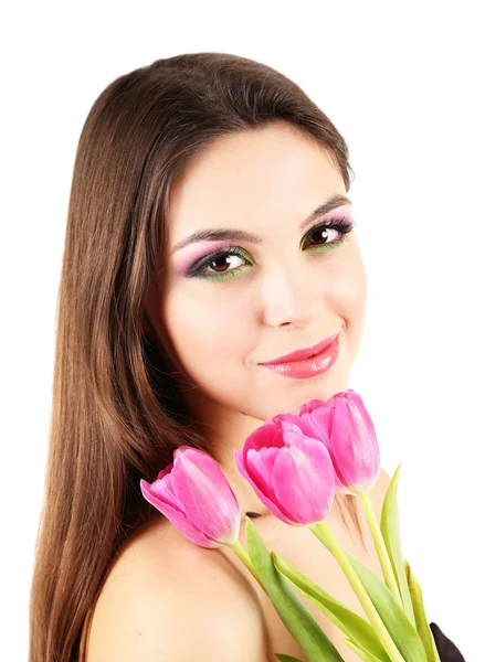Menina bonita nova com tulipas em sua mão, isolado em branco — Fotografia de Stock