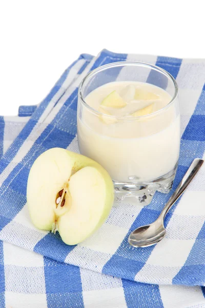 Delicious yogurt in glass with apple isolated on white — Stock Photo, Image