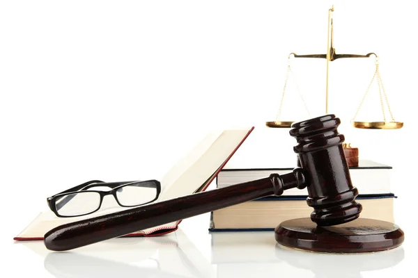 Golden scales of justice, gavel and books isolated on white — Stock Photo, Image