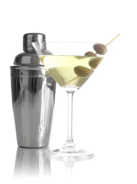 Martini glass with olives and shaker isolated on white — Stock Photo, Image