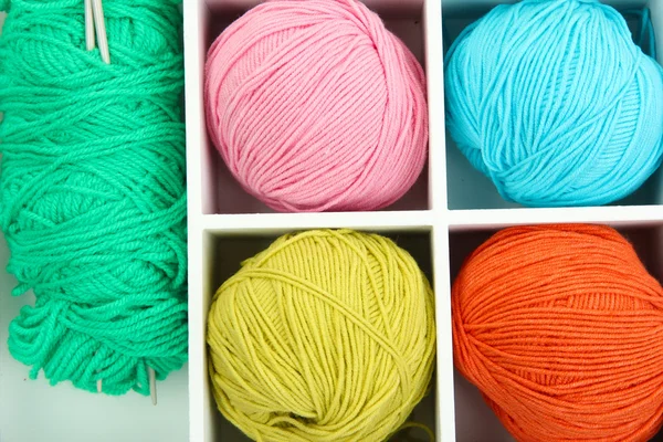 Material for knitting in white wooden box closeup — Stock Photo, Image