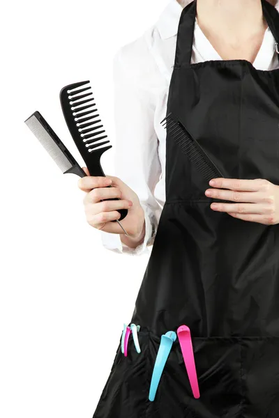 Coiffeur en uniforme avec outils de travail, isolé sur blanc — Photo