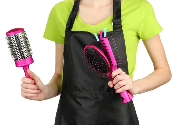 Coiffeur en uniforme avec outils de travail, isolé sur blanc — Photo