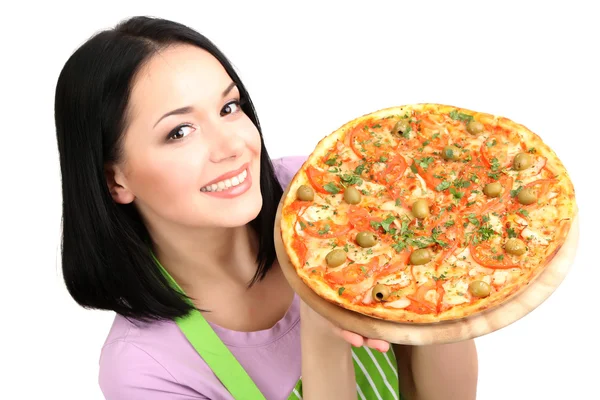 Meisje huisvrouw met heerlijke pizza geïsoleerd op wit — Stockfoto