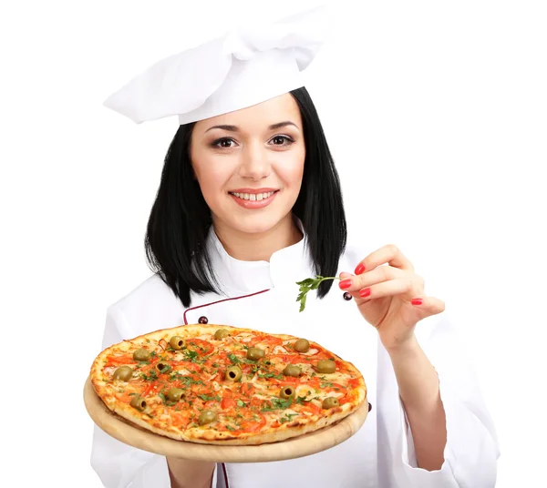 Hermosa chica jefe de cocina con pizza aislada en blanco — Foto de Stock