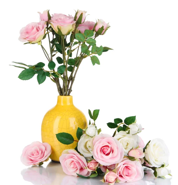 Beautiful pink and white roses in vases isolated on white — Stock Photo, Image