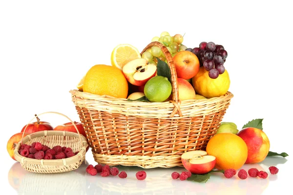 Assortment of exotic fruits in basket, isolated on white — Stock Photo, Image