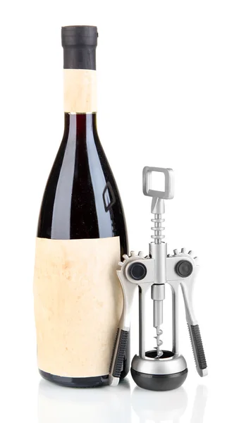 Corkscrew and bottle of wine isolated on white — Stock Photo, Image