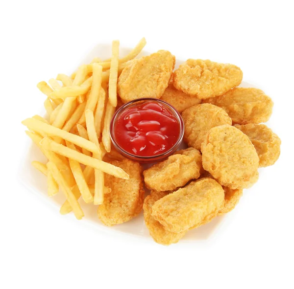 Fried chicken nuggets with french fries and sauce isolated on white — Stock Photo, Image