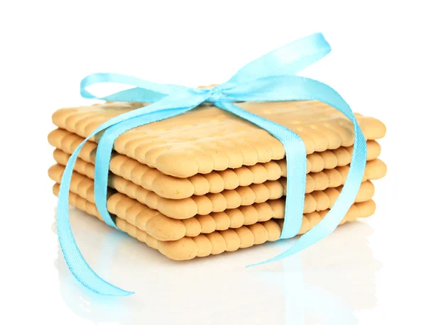 Mavi üzerine beyaz izole kurdele ile bağlanmış tatlı kurabiye — Stok fotoğraf