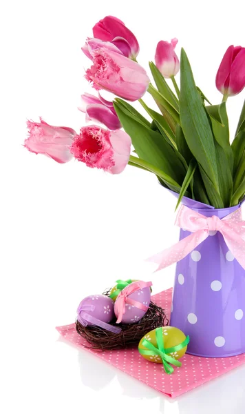 Easter composition with fresh tulips and easter eggs isolated on white — Stock Photo, Image