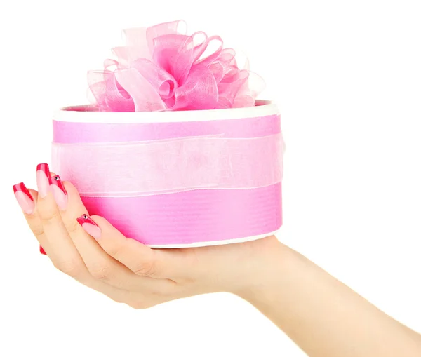 Female hands with gift box, isolated on white — Stock Photo, Image