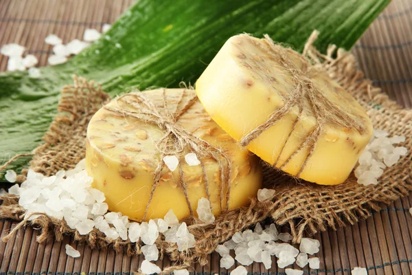 Hand-made soap, sea salt and leaf on grey bamboo mat — Stock Photo, Image