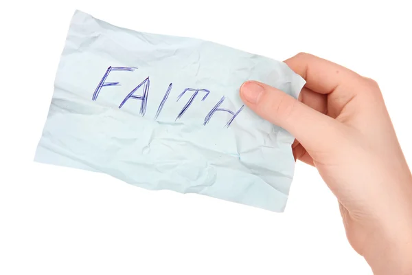 Слово веры на листе бумаги в руке изолированы на белом — стоковое фото
