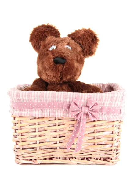 Beautiful basket with toy bear isolated on white — Stock Photo, Image