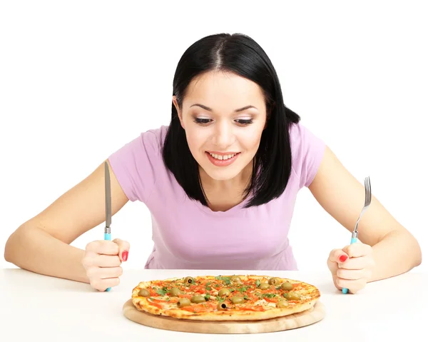 Güzel kız beyaz izole pizza yemek istiyor. Stok Fotoğraf