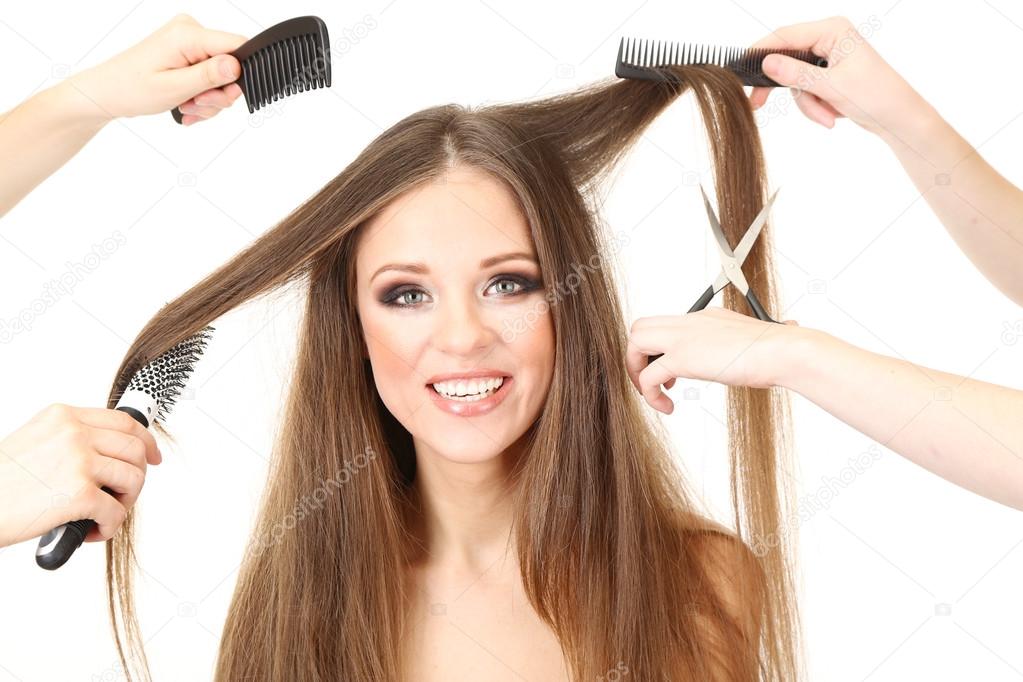 Woman with long hair in beauty salon, isolated on white