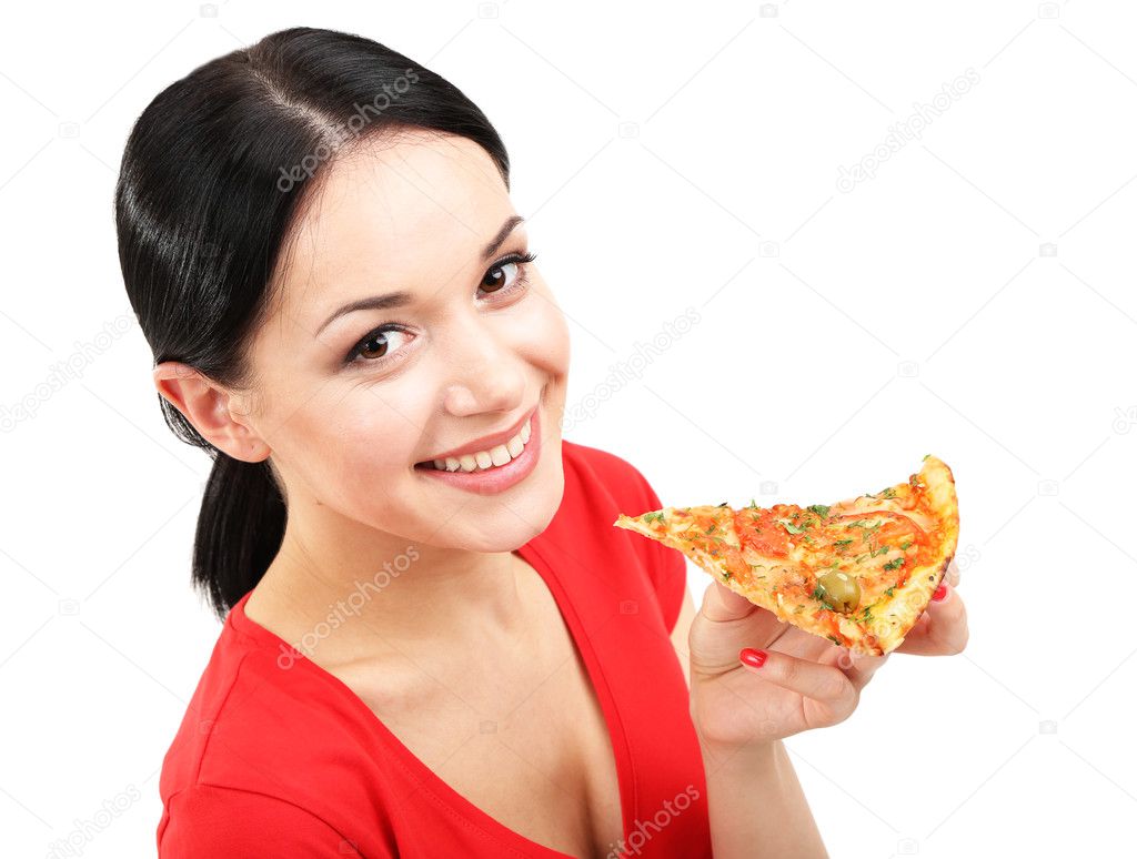 Beautiful girl eats pizza close-up isolated on white