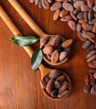 ahşap zemin üzerine kaşık içinde yapraklarla kakao çekirdekleri