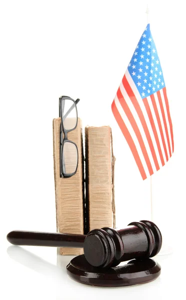 Wooden gavel, books and American flag isolated on white — Stock Photo, Image