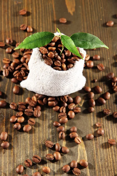 Germoglio in caffè in sacco su tavolo di legno — Foto Stock