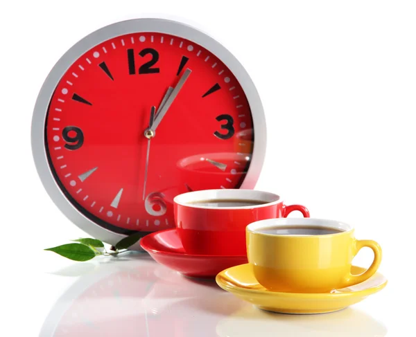 Cups coffee and clock isolated on white — Stock Photo, Image