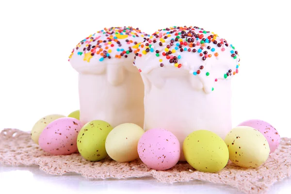 Easter cake with sugar glaze and eggs isolated on white — Stock Photo, Image