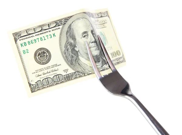Banconote su forchetta isolate su bianco — Foto Stock