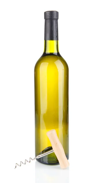 Dugóhúzó és üveg bort elszigetelt fehér — Stock Fotó