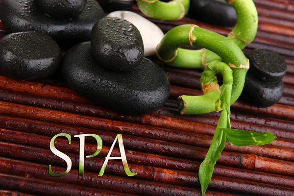 Beautiful bamboo branches with stones for spa on bamboo mat — Stock Photo, Image