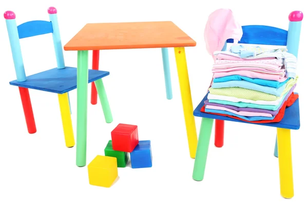 Small and colorful table and chairs for little kids isolated on white — Stock Photo, Image