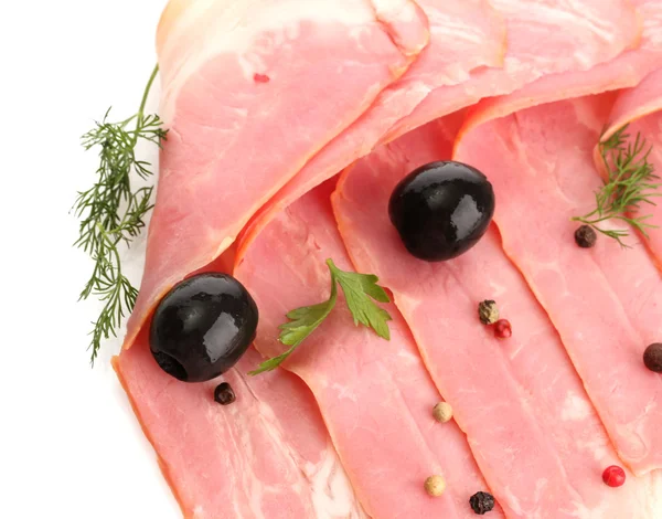Chutná slanina s olivami a koření, izolované na bílém — Stock fotografie