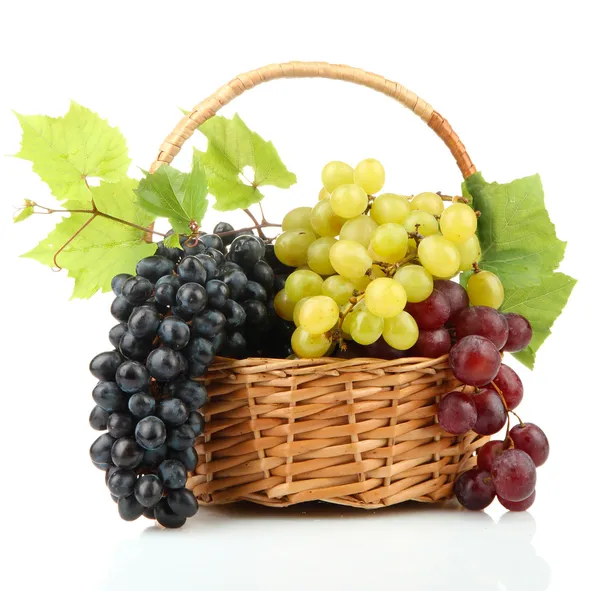 Assortment of ripe sweet grapes in basket, isolated on whit — Stock Photo, Image