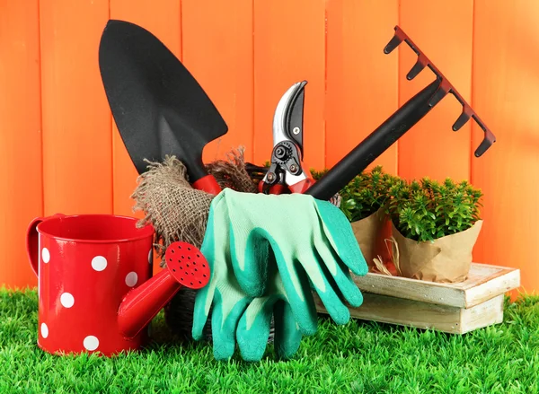 Garden tools on grass in yard — Stock Photo, Image