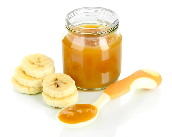 Purea bambino con banane isolate su bianco — Foto Stock