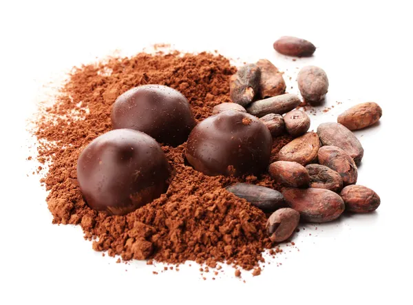 Composition of chocolate sweets, cocoa and spices, isolated on white — Stock Photo, Image