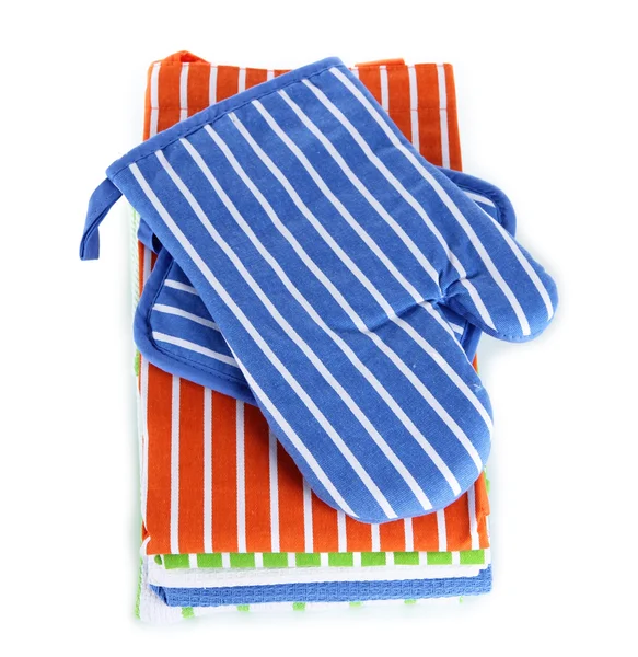 Kitchen towels of different colors and blue tacking isolated on white — Stock Photo, Image