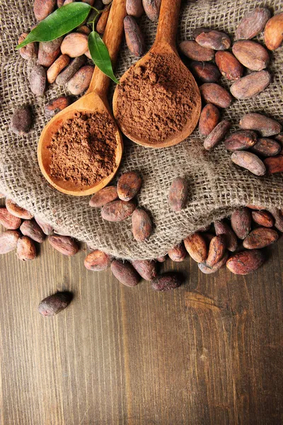 Cocoa powder in spoons and cocoa beans on wooden background — Stock Photo, Image