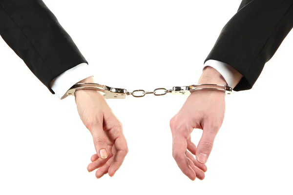 Чоловік і жінка руки і ламають наручники ізольовані на білому тлі — стокове фото