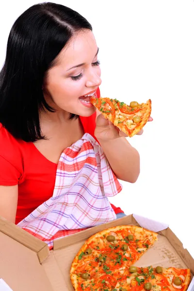 Hermosa chica come pizza aislada en blanco — Foto de Stock