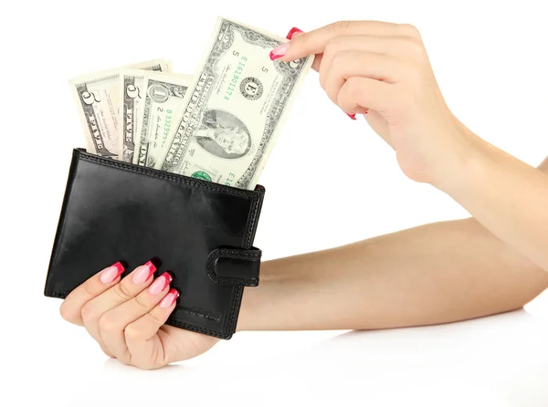 Ženská ruka drží černou peněženku, izolované na bílém — Stock fotografie