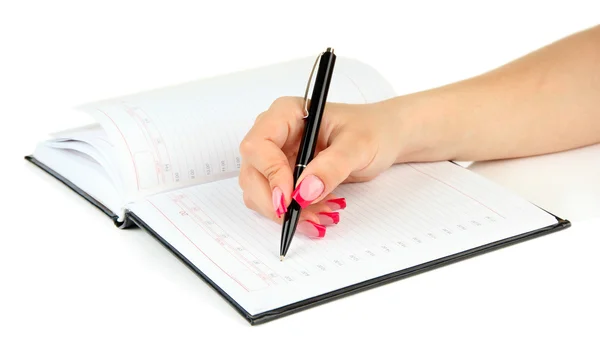 Assinatura de mão em caderno, isolado em branco — Fotografia de Stock