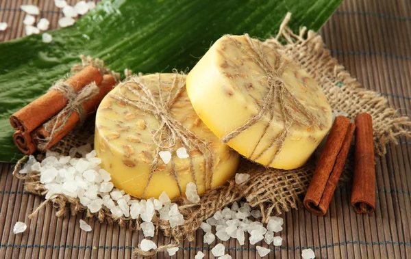 Hand-made soap, sea salt and leaf on grey bamboo mat — Stock Photo, Image