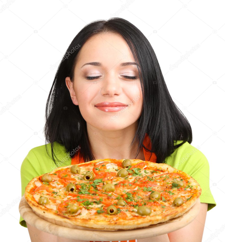 Girl housewife with delicious pizza isolated on white