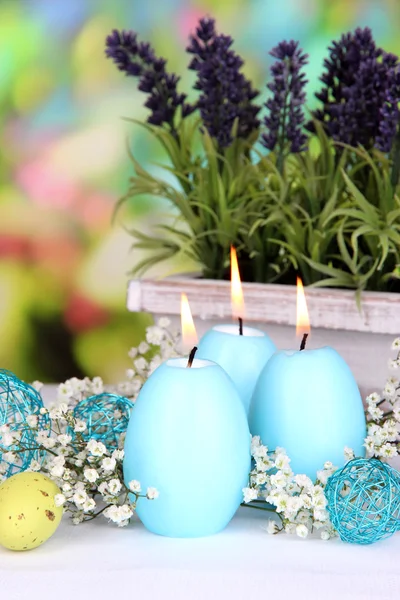 Velas de Páscoa com flores em fundo brilhante — Fotografia de Stock
